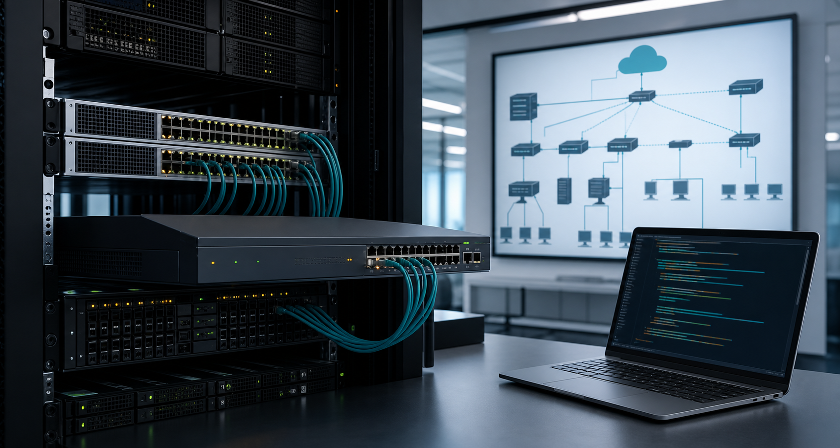 Rack server, router jaringan, topologi LAN, dan laptop coding