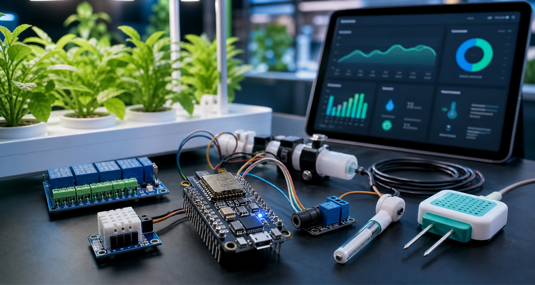 Perangkat IoT NodeMCU, sensor, relay, dan dashboard monitoring